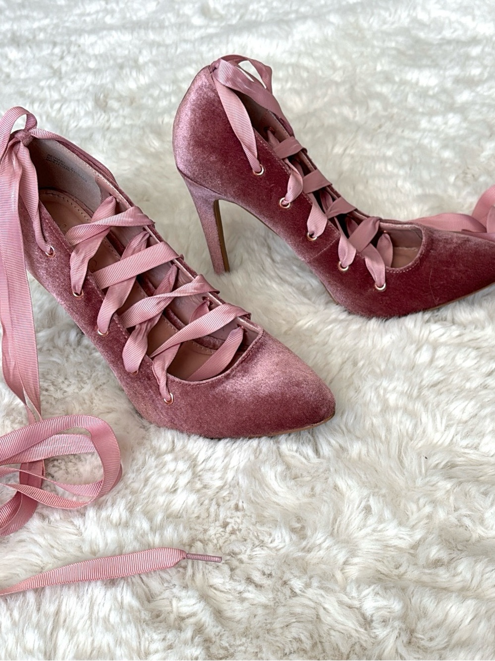 Women's pink ballet Lace-Up velvet Heels - Pink